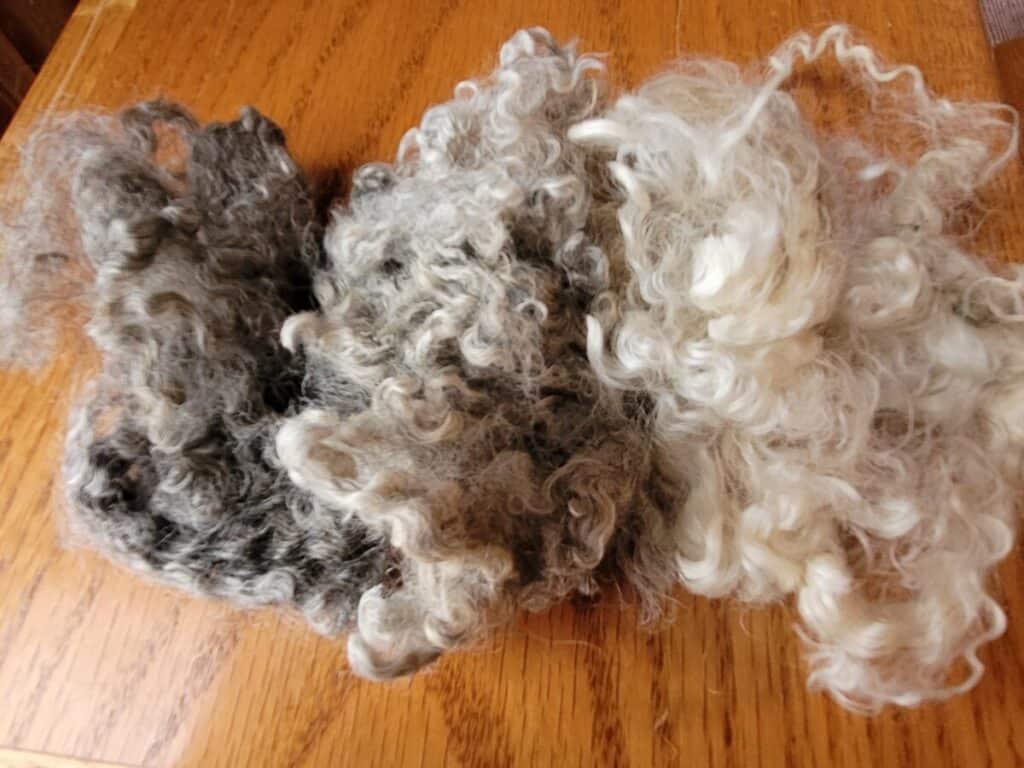 kid mohair locks, in grey, light grey and white