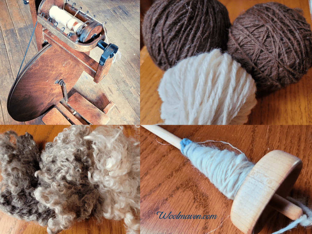 wheel, spindle, yarn and mohair