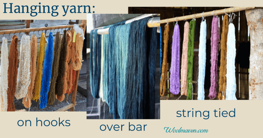 yarn hanging off hooks, bar and tied