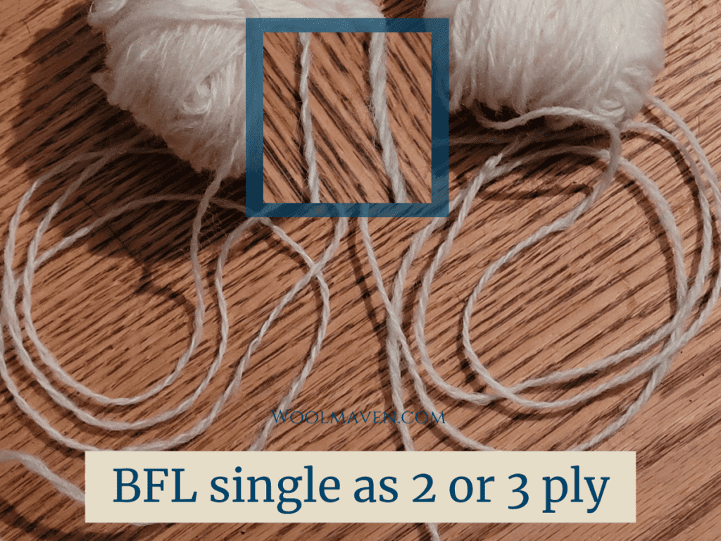 BFL single made into a 2 ply and a three ply (chain plied) shown side by side